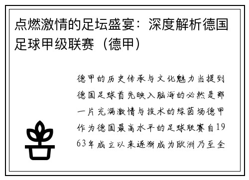 点燃激情的足坛盛宴：深度解析德国足球甲级联赛（德甲）
