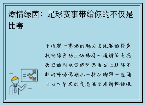 燃情绿茵：足球赛事带给你的不仅是比赛