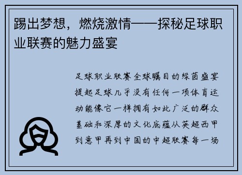 踢出梦想，燃烧激情——探秘足球职业联赛的魅力盛宴